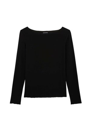 Maglietta nera aderente a maniche lunghe con scollo rotondo ampio e orlo leggermente arricciato, mostrata su sfondo bianco.