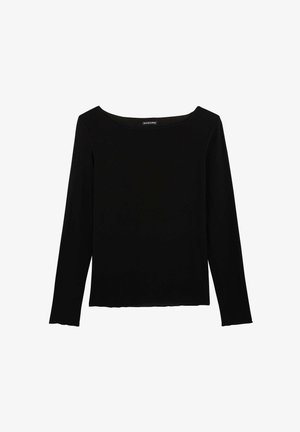 Maglietta nera aderente a maniche lunghe con scollo rotondo ampio e orlo leggermente arricciato, mostrata su sfondo bianco.