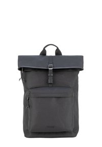 Nahrbtnik z zvijanjem zgoraj, iz temno sivega blaga, z zadrgo na sprednji žep, nastavljivimi trakovi in kovinsko zaponko za varno zapiranje.