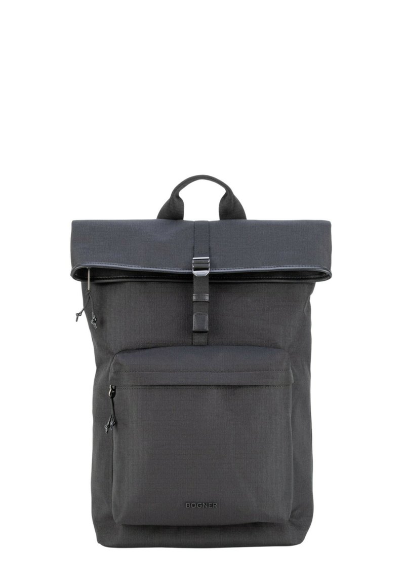 Nahrbtnik z zvijanjem zgoraj, iz temno sivega blaga, z zadrgo na sprednji žep, nastavljivimi trakovi in kovinsko zaponko za varno zapiranje.