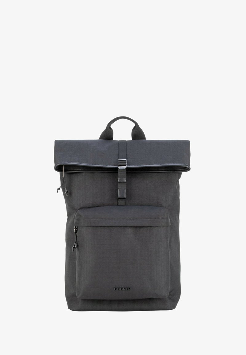 Nahrbtnik z zvijanjem zgoraj, iz temno sivega blaga, z zadrgo na sprednji žep, nastavljivimi trakovi in kovinsko zaponko za varno zapiranje.