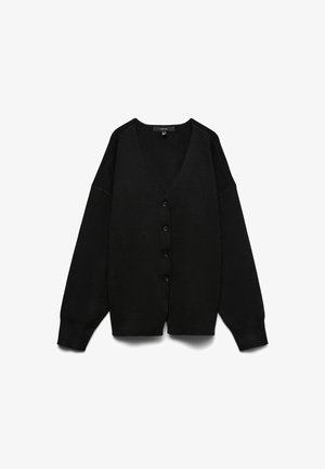 Black cardigan with a v-neck design, button closure, and dropped shoulders. Made of textured fabric with long sleeves and ribbed cuffs.