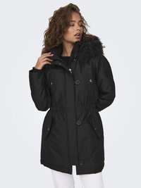 Black parka jacket with a faux fur hood, adjustable waist, buttoned front, and two side pockets. Smooth texture with a matte finish.