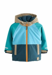 Bunte Kinderjacke mit Kapuze, aus wasserdichtem Material in hellblauen, teal, marineblauen und beigen Farbtönen, mit einem orangefarbenen Reißverschluss.