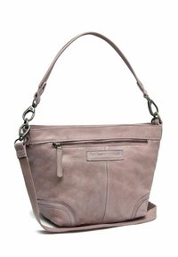 Borsa a tracolla in pelle viola con una sola tracolla, dotata di tasca frontale con zip e superficie liscia, accentuata da hardware in metallo.