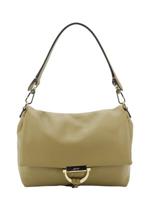 Khaki leather handbag with a single curved strap, gold-tone hardware, and a front clasp detail. Smooth texture and structured shape.