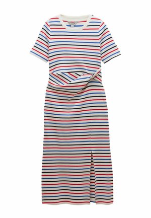 Midikleid mit horizontalen roten, blauen, schwarzen und weißen Streifen, kurzen Ärmeln, Rundhalsausschnitt, vorderem Twist-Detail und Frontschlitz.