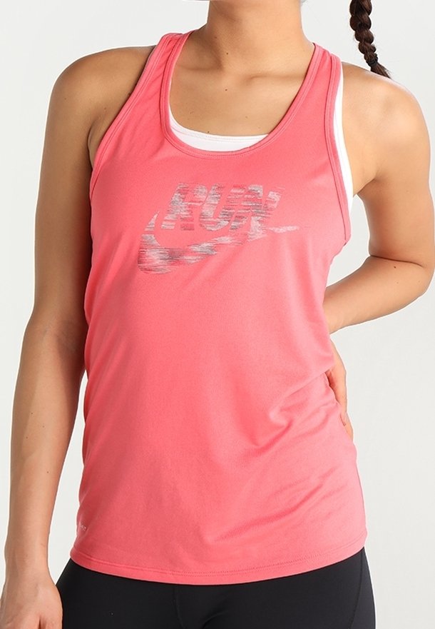 Lightweight pink athletic tank top made of soft fabric, featuring a reflective "RUN" logo and a round neck design with thin straps.