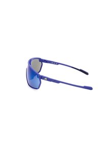 Lila Sportsonnenbrille mit einem umschließenden Design, blauen verspiegelten Gläsern, strukturierten Ohrengriffen und einer angularen Rahmenform.