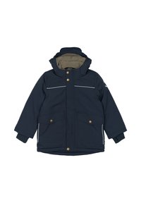 Temno modra parka z odstranljivo kapuco, dvema sprednjima žepoma, srebrnimi črtami in zlatimi gumbi za zapiranje. Podložena z mehkim rjavim materialom.