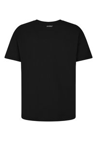 Zwarte katoenen T-shirt met korte mouwen, een ronde hals en een logo gedrukt op de achterkant van de nek. Glad oppervlak en normale pasvorm.