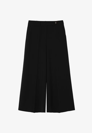 Černé kalhoty s širokými nohavicemi a vysokým pasem, s plagátky, bočními kapsami a jednobodovým zapínáním, vyrobené z hladké tkaniny.