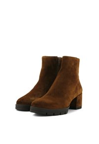 Stivaletti in suede marrone con punta quadrata, zip laterale e tacco spesso. La superficie testurizzata e la suola in gomma offrono aderenza.