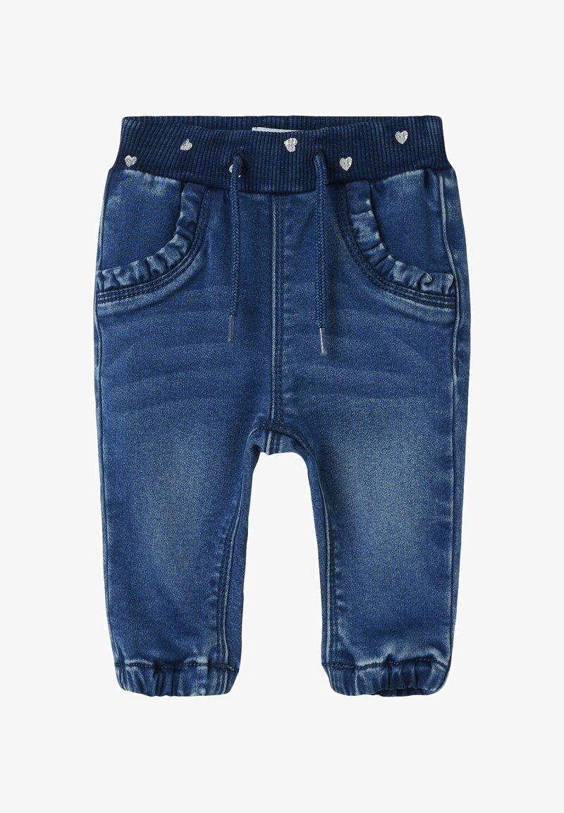Pantaloni jogger in denim con vita elasticizzata, dotati di cordino, tasche arricciate e piccoli dettagli a forma di cuore. Colore blu scuro con leggera scoloritura.
