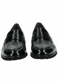 Zwarte gepatineerde leren loafers met een ronde neus, twee zwarte bandjes aan de voorkant en subtiele stiksels op de vamp.