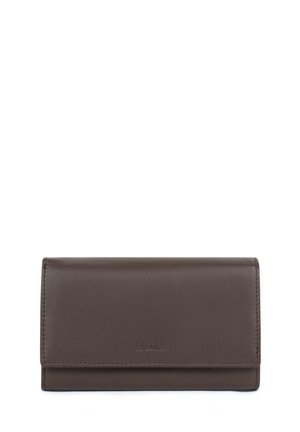 Portefeuille rectangulaire en cuir marron foncé avec fermeture à rabat et nom de marque subtilement embossé centré sur le devant.