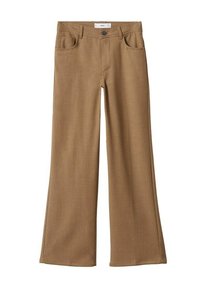 Brązowe spodnie w kroju dzwonów wykonane z gładkiego materiału, z przednimi kieszeniami, zapięciem na guzik i eleganckim wykończeniem dołu.