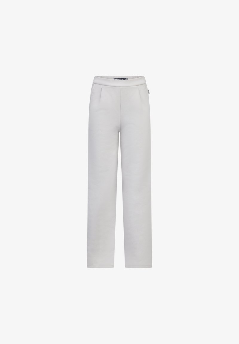 Lichtgrijze wijde broek gemaakt van zachte stof; heeft een hoge elastische tailleband en twee voorzakken, wat bijdraagt aan een ontspannen pasvorm.