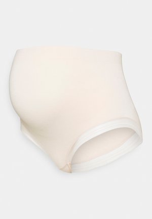 Beige hoch geschnittene Unterwäsche aus weichem, elastischem Stoff. Verfügt über eine glatte Textur und einen elastischen Bund mit unauffälligen Nähten.