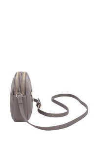 Borsa a tracolla grigia in pelle con due scomparti con zip, dettagli in hardware dorato e tracolla regolabile. Texture liscia, forma rettangolare.