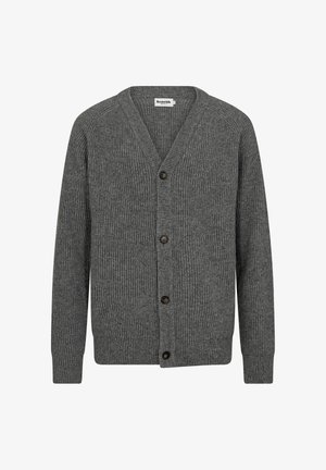 Grå strikket cardigan med V-hals, frontknapper, ribbet tekstur og lange ærmer. Har fem mørke knapper langs fronten.