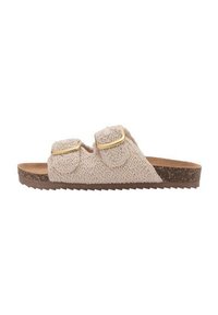 Sandale slide beige avec deux sangles réglables, dessus en tissu texturé, semelle en liège et semelle externe striée pour une meilleure traction.