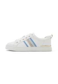 White sneaker featuring blue stripes, gold accents, and a textured design. Rounded toe and flat sole for comfort.