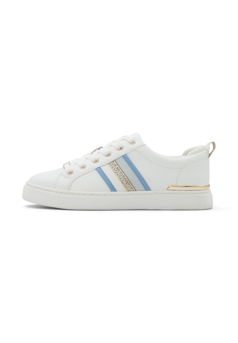 White sneaker featuring blue stripes, gold accents, and a textured design. Rounded toe and flat sole for comfort.