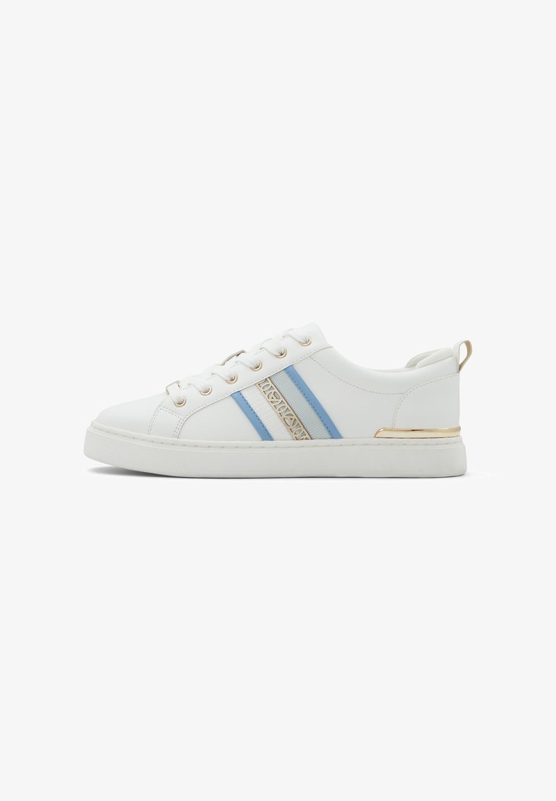 White sneaker featuring blue stripes, gold accents, and a textured design. Rounded toe and flat sole for comfort.