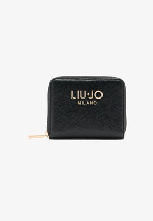 Black textured leather wallet with gold-tone "LIU•JO MILANO" logo. Features a zip closure and a gold zipper pull. Compact rectangular shape.