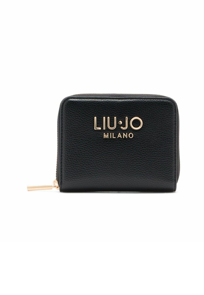 Zwarte leren portemonnee met textuur en een gouden "LIU•JO MILANO" logo. Voorzien van een ritssluiting en een gouden ritsstrop. Compact rechthoekig formaat.