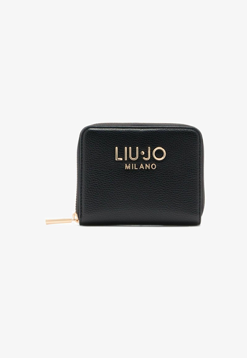Black textured leather wallet with gold-tone "LIU•JO MILANO" logo. Features a zip closure and a gold zipper pull. Compact rectangular shape.