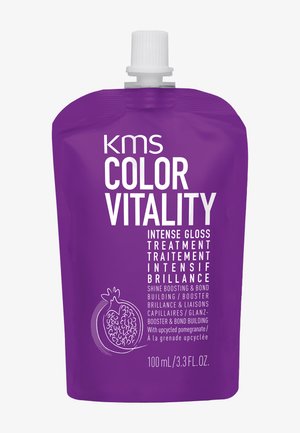 Pochette violette du traitement brillant intense KMS Color Vitality avec bouchon blanc et illustration de grenade, 100 ml / 3,3 fl. oz. volume liquide.