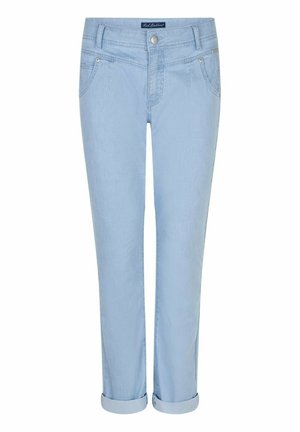 Lyseblå slim-fit jeans med opsmøgede ben, forlommer og knaplukning ved taljen.