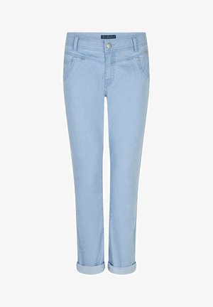 Lichtblauwe slim-fit jeans met omgeslagen zoom, voorzakken en een knoopsluiting in de taille.