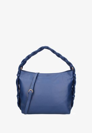 Borsa a mano in pelle blu con manico intrecciato, tracolla regolabile, texture liscia e dettagli in metallo dorato. Design spazioso.