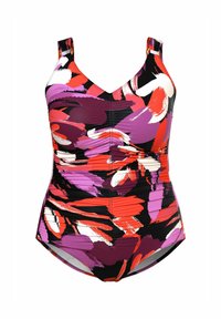 Multikleurige tankini met gedurfde rode, paarse en witte penseelstreken op een zwarte achtergrond. V-halsontwerp, geplooide zijkanten.