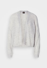 Geknipte, open voorkant cardigan in lichtgrijs, gemaakt van een zachte, textuurgebreide stof. Licht losse mouwen met geribbelde boorden en zoom.