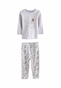 Világos lila pizsama szett, hosszú ujjú felsővel, amelyen egy tündér illusztráció látható, valamint virágmintás leggings zöld és rózsaszín kiegészítőkkel.