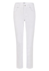 Pantalones vaqueros de denim blanco con un corte ajustado, diseño de cinco bolsillos y cierre de botones. Textura suave y detalles de costura simples.