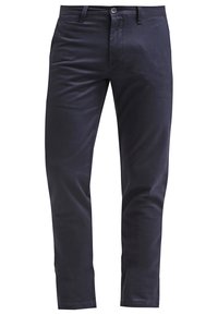 Námořnické modré chinos kalhoty vyrobené z bavlněné směsi, s knoflíkovým zapínáním, pěti kapsami, rovného střihu a hladkým matným povrchem.