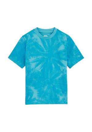 Turquoise short-sleeve t-shirt made of cotton, featuring a palm leaf pattern across the fabric. Round neck and relaxed fit.
