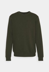 Olivově zelená mikina vyrobená z měkké tkaniny, s kulatým výstřihem, dlouhými rukávy a žebrovanými manžetami a lemem. Jednoduchý, elegantní design.