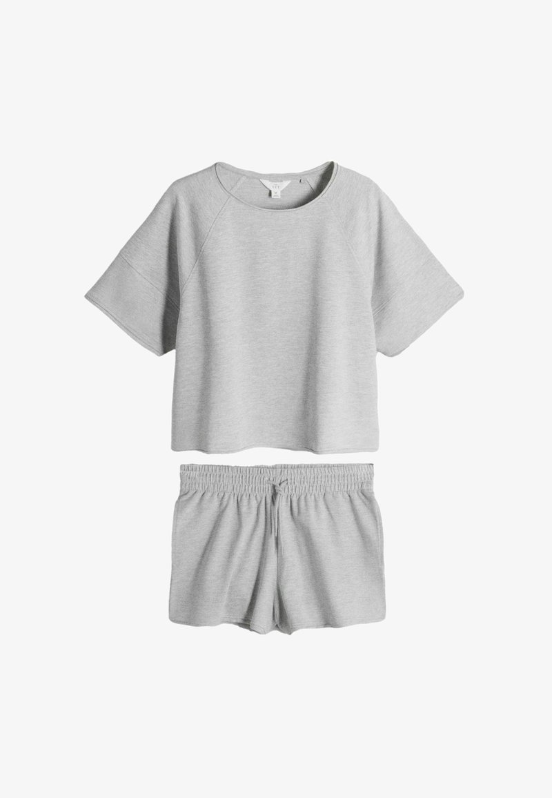 Lysegrå sweatshirtsæt med korte ærmer og matchende shorts med elastisk talje og snøre, afslappet loungewear i løs pasform.