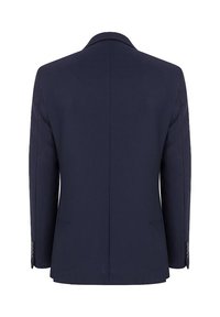 Granatowa marynarka o dopasowanym kroju, w teksturowanej tkaninie, wąski fason, klapy z wycięciem, pojedyncza rozporek, z dwoma guzikami na każdym mankiecie.
