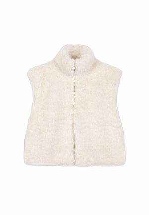 Faux fur mouwloze vest in crèmekleur, met een hoge kraag en een ritssluiting aan de voorkant, met een gladde, pluizige textuur en zonder zichtbare patronen.