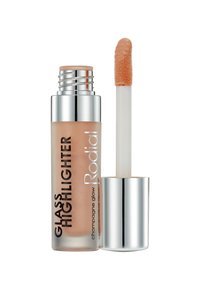 Rodial Glass Highlighter in Champagne Glow. Klare Glasflasche mit silbernem Deckel, Applikatorstab mit einer weichen Schwamspitze. Glatte, flüssige Textur.