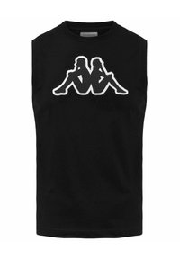 Camisetta nera senza maniche in cotone con una grafica bianca che rappresenta due figure astratte sedute schiena contro schiena, centrata sul davanti.