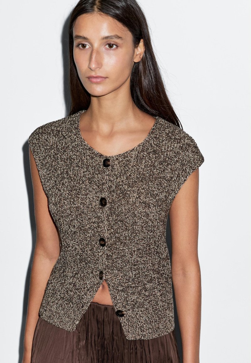 Massimo Dutti MOULINÉ ROUND NECK WITH BUTTONS - Smanicato - brown