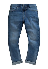 Jeans de mezclilla en azul oscuro con un diseño de pierna recta, cinco bolsillos, dobladillos con vuelta y costuras visibles a lo largo de las costuras para dar detalle.